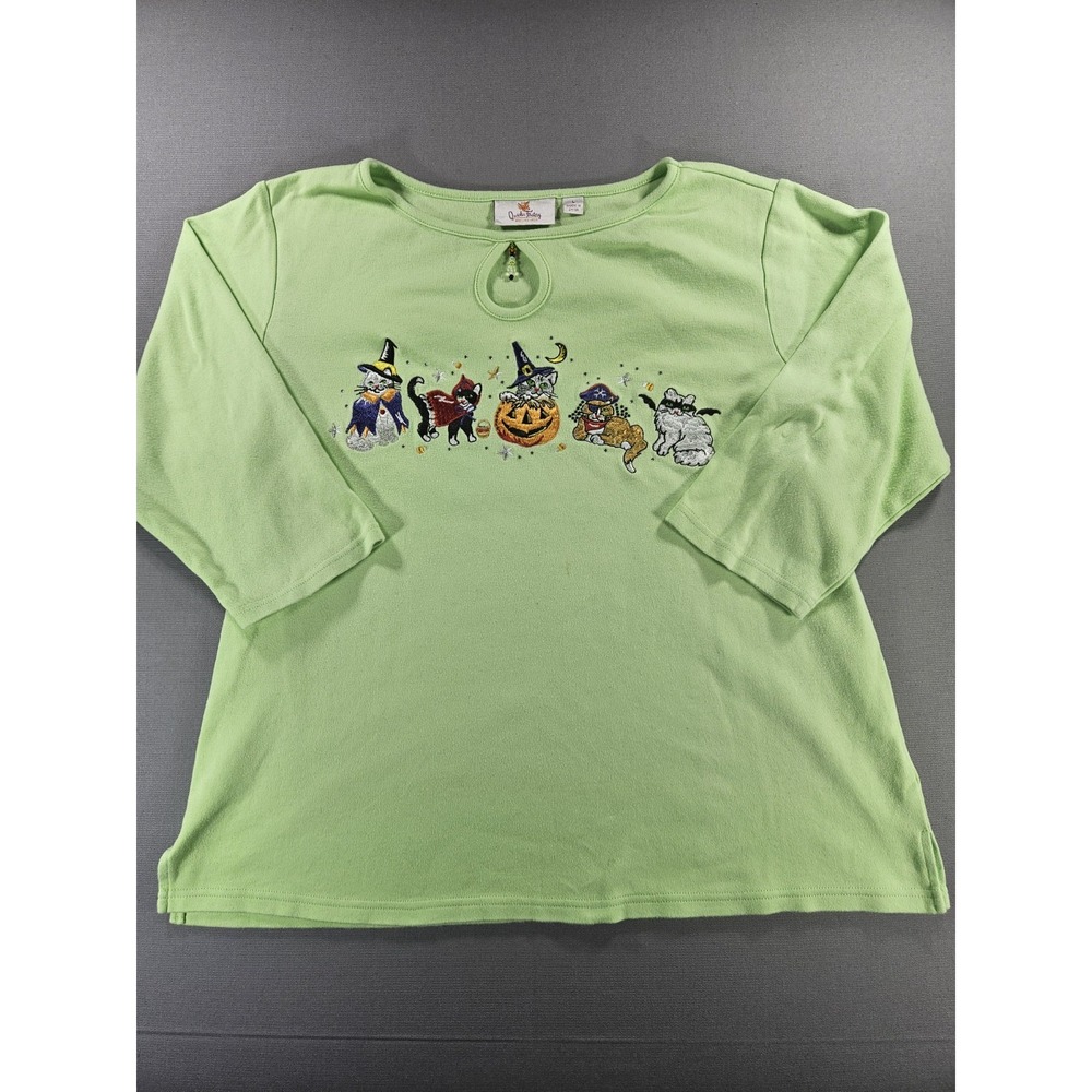 Quacker Factory Halloween Cats Shirt Large Green Keyhole Embroidered Holiday 3/4